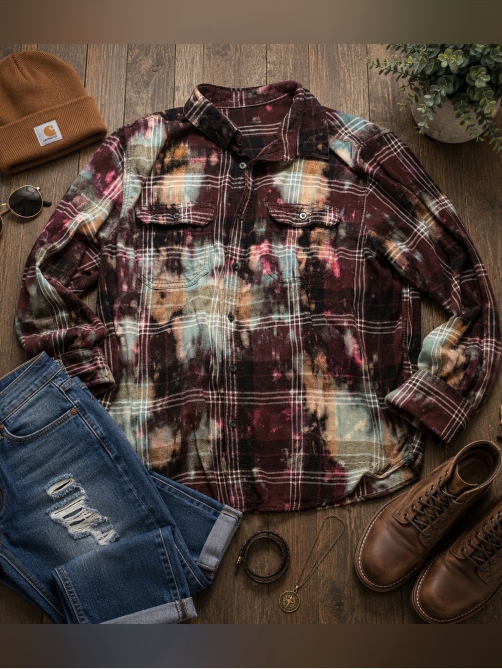 Women's XL Bleached Plaid Flannel Shirt Brown Cream Teal Western Grunge